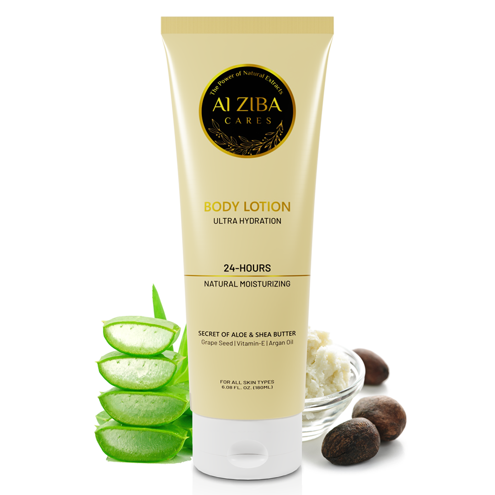 ALZIBA CARES Ultra Hydration Body Lotion with Shea Butter, Aloe Vera, Grape Seed, Argan Oil and Vitamin E | For All Day Hydrated, Protected, Soft and Supple Skin | 180 ML | For Men and Women & All Skin Types