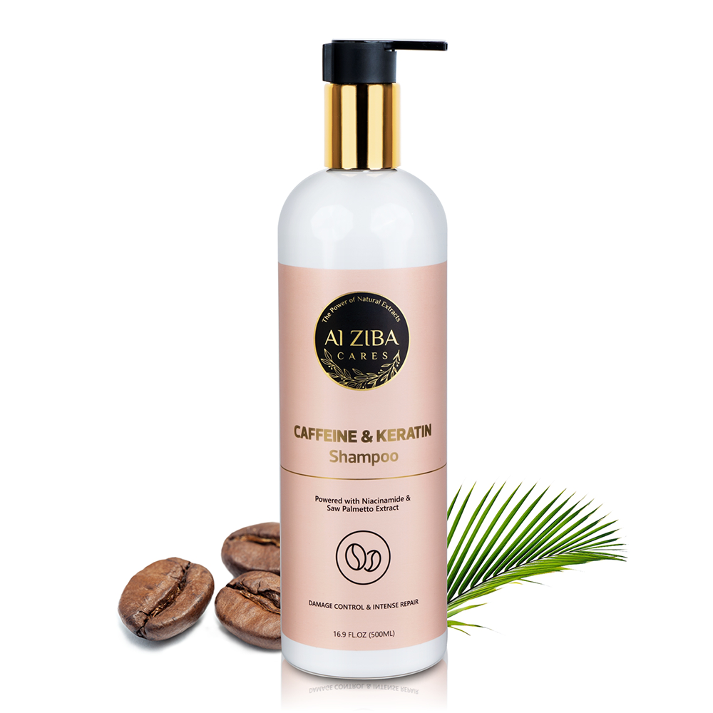 ALZIBA CARES Caffeine and Keratin Shampoo with Niacinamide, Saw Palmetto & Biotin | For Damage Control and Intense Repair, Long and Shiny hair | 500 ML | for Men and Women, All Season & all hair Types