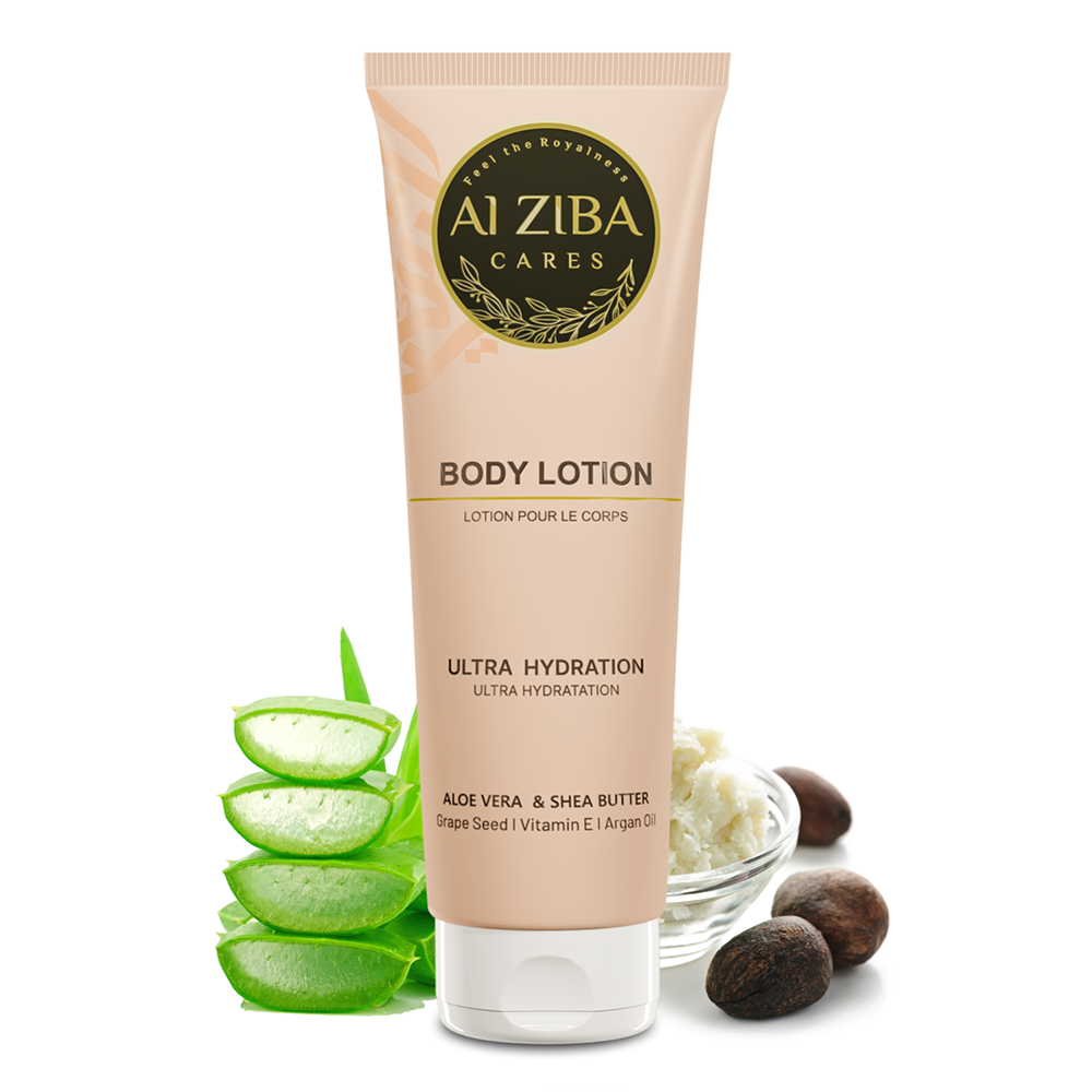 ALZIBA CARES Ultra Hydration Body Lotion with Shea Butter, Aloe Vera, Grape Seed, Argan Oil and Vitamin E | For All Day Hydrated, Protected, Soft and Supple Skin | 180 ML | For Men and Women & All Skin Types