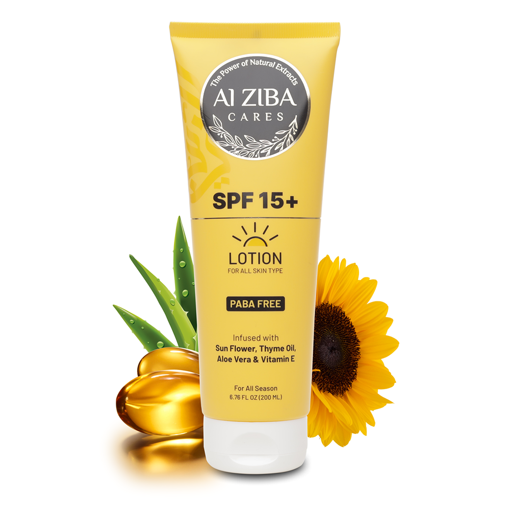 ALZIBA CARES SPF 15+ Sunscreen based Body Lotion with SunFlower, Thyme Oil, Aloe Vera and Vitamin E | For Protection, Hydration and Moisturization | 200 ML | For Men and Women & All Skin Types