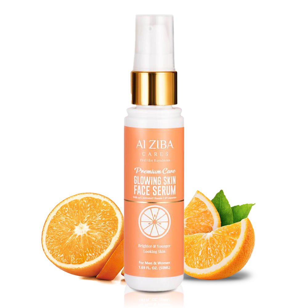 ALZIBA CARES 20% Vitamin C Glowing Face Serum with Hyaluronic & Ferulic Acid, Grape seed, Baobab oil, Licorice and Aloevera | For Glowing, Brightening & Anti Aging Skin | 50 ML | for Men and Women, All Season & all Skin Types