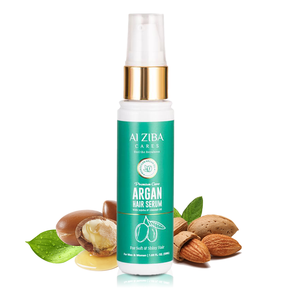 ALZIBA CARES Moroccan Argan Hair Serum with Jojoba Oil, Almond Oil and Vitamin E | For Frizz free, Shiny, soft and Nourished Hair | 50 ML | For Men and Women & all Hair Types