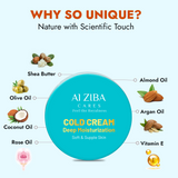 ALZIBA CARES  Vegan Deep Moisturization Cold Cream with Shea Butter, Argan, Olive, Almond, Coconut & Rose Oil and Vitamin E | For Deep Moisturization, Soft and Supple Skin | 100GMs | for Men and Women, all Skin Types