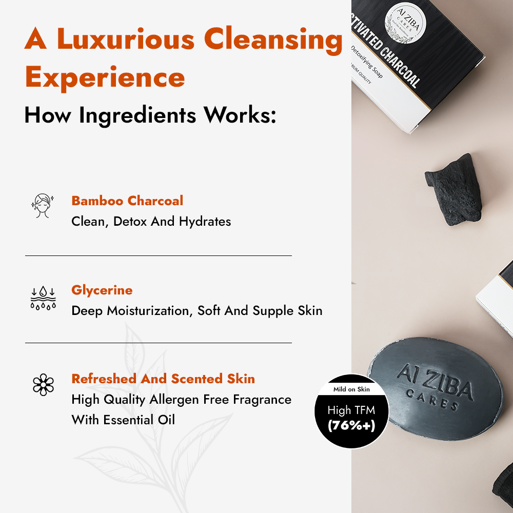 ALZIBA CARES Activated Charcoal Soap (Pack of 4)  with Bamboo Charcoal and Glycerine  | For Clean, Detox and Hydrates Skin  | High TFM Grade 1, Vegan  | For all Skin Types  | 100G * 4 Soap Bar