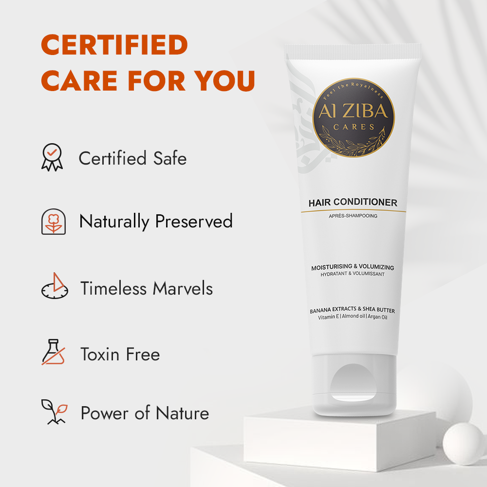 ALZIBA CARES Hair Conditioner with Banana Extract, Veg Keratin, Shea Butter, Argan Oil, Almond Oil and Vitamin E | For MOISTURIZING, PROTECTING & VOLUMIZING  | 180 ML | For Men and Women, All Season & All Hair Types