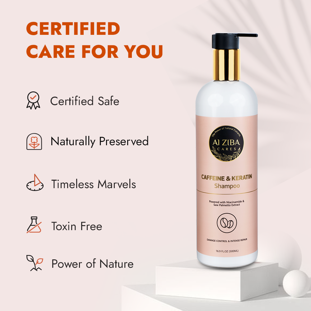 ALZIBA CARES Caffeine and Keratin Shampoo with Niacinamide, Saw Palmetto & Biotin | For Damage Control and Intense Repair, Long and Shiny hair | 500 ML | for Men and Women, All Season & all hair Types