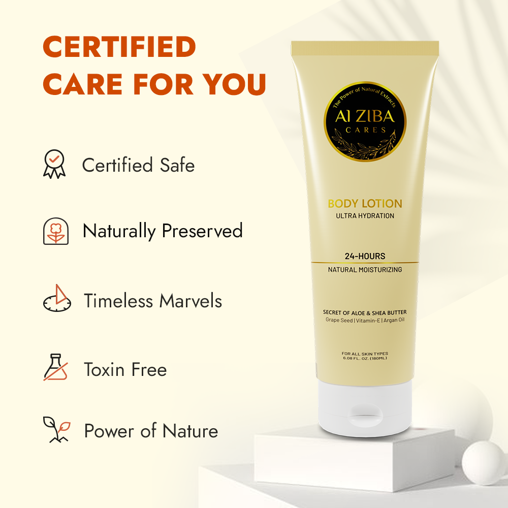ALZIBA CARES Ultra Hydration Body Lotion with Shea Butter, Aloe Vera, Grape Seed, Argan Oil and Vitamin E | For All Day Hydrated, Protected, Soft and Supple Skin | 180 ML | For Men and Women & All Skin Types