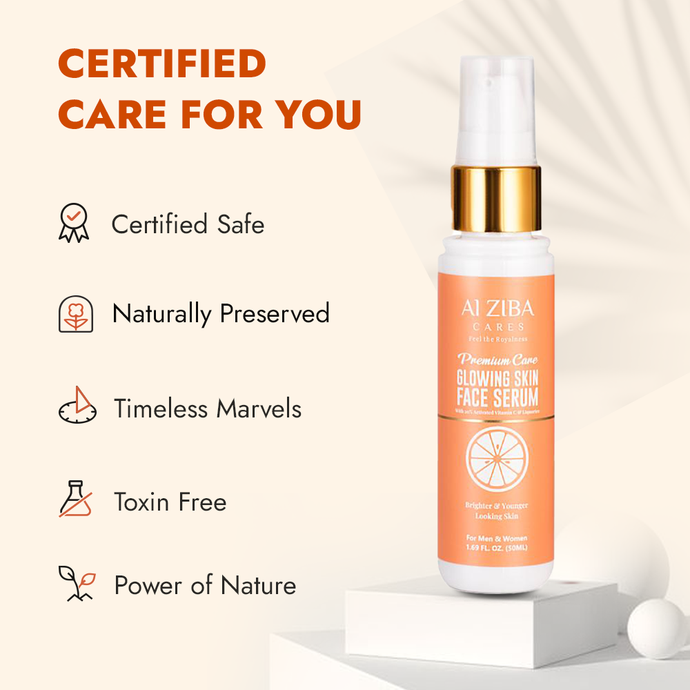 ALZIBA CARES 20% Vitamin C Glowing Face Serum with Hyaluronic & Ferulic Acid, Grape seed, Baobab oil, Licorice and Aloevera | For Glowing, Brightening & Anti Aging Skin | 50 ML | for Men and Women, All Season & all Skin Types