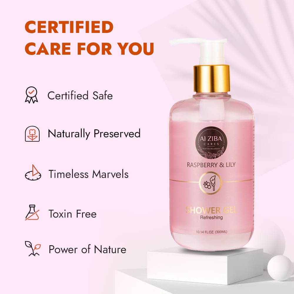 ALZIBA CARES Raspberry and Lily Shower Gel with Calendula, Citric Acid, Glycerine and D-Panthenol | For Soothing, Refreshing, Hydrated and Smooth Skin | 300 ML | for Men and Women, All Season & all Skin Types