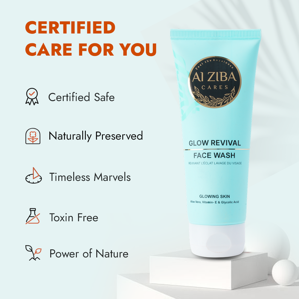 ALZIBA CARES Glow Revival Face wash with Glycolic, Salicylic, Lactic Acid, Aloe Vera & Vitamin E | for Glowing & Radiant Skin & reduce Hyperpigmentation | 100 ML | for Men and Women, All Season & all Skin Types