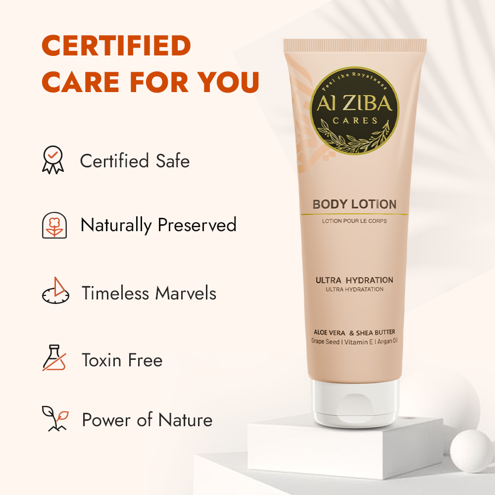 ALZIBA CARES Ultra Hydration Body Lotion with Shea Butter, Aloe Vera, Grape Seed, Argan Oil and Vitamin E | For All Day Hydrated, Protected, Soft and Supple Skin | 180 ML | For Men and Women & All Skin Types