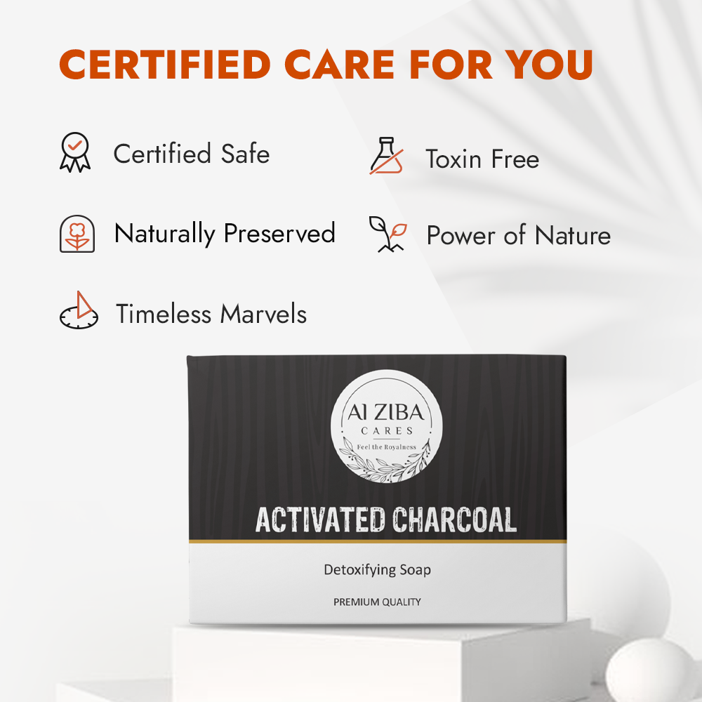ALZIBA CARES Activated Charcoal Soap (Pack of 4)  with Bamboo Charcoal and Glycerine  | For Clean, Detox and Hydrates Skin  | High TFM Grade 1, Vegan  | For all Skin Types  | 100G * 4 Soap Bar