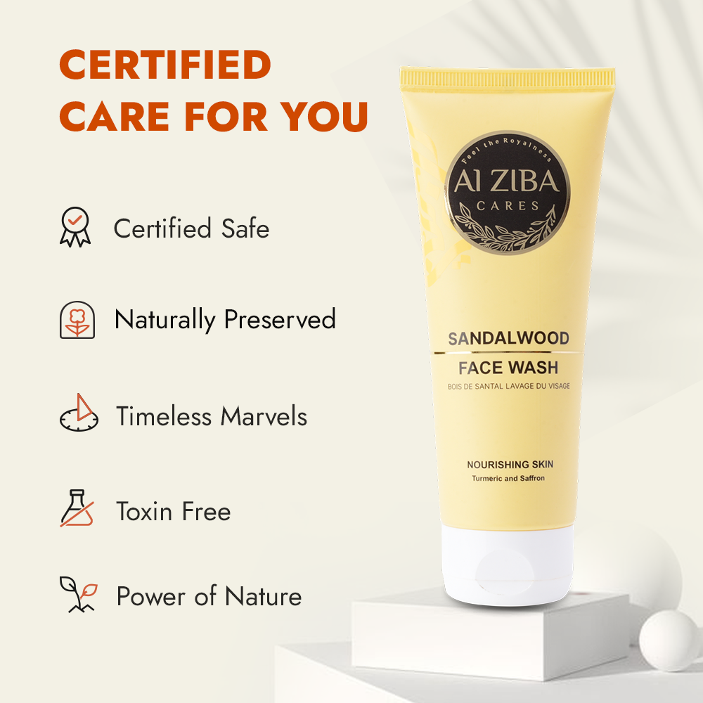 ALZIBA CARES Sandalwood Face wash with Saffron Turmeric Extracts & Citric Acid | Effective for skin Cleansing,  Brightening and Nuourishing | 100 ML | for Men and Women, All Season & all Skin Types