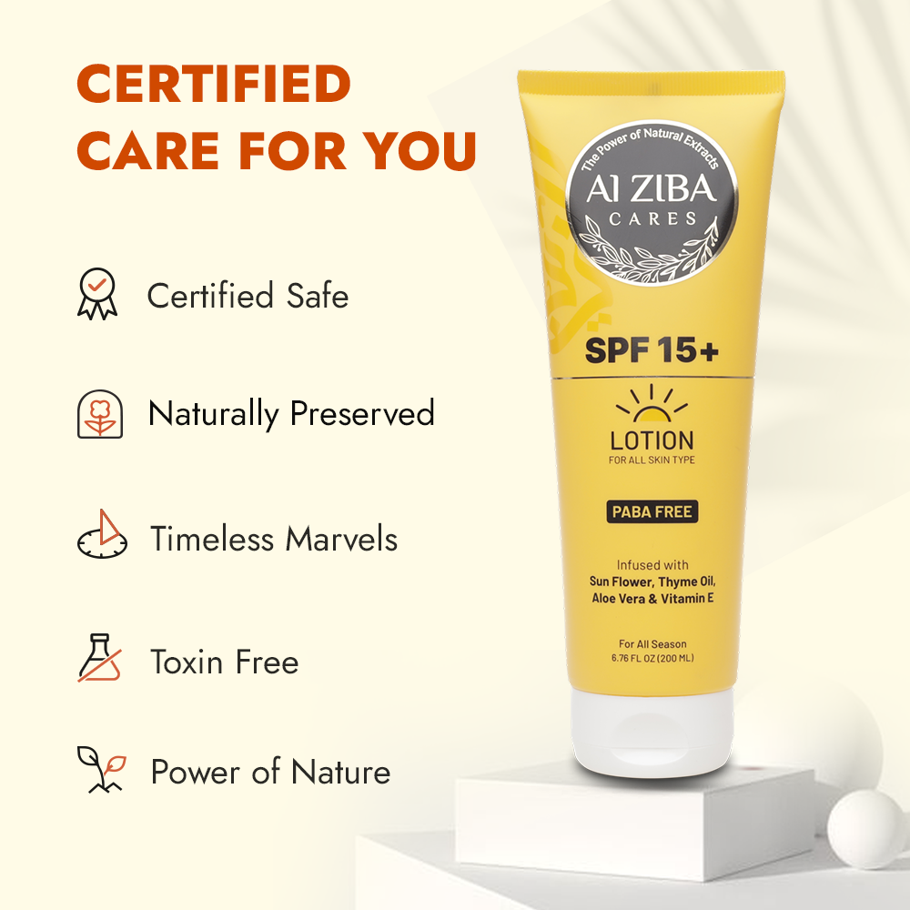 ALZIBA CARES SPF 15+ Sunscreen based Body Lotion with SunFlower, Thyme Oil, Aloe Vera and Vitamin E | For Protection, Hydration and Moisturization | 200 ML | For Men and Women & All Skin Types