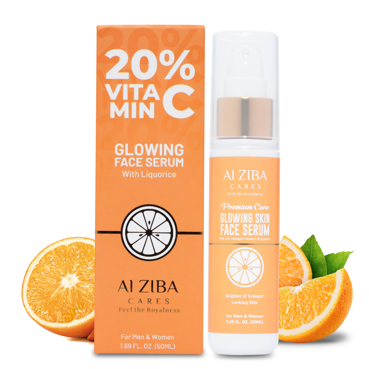 ALZIBA CARES 20% Vitamin C Glowing Face Serum with Hyaluronic & Ferulic Acid, Grape seed, Baobab oil, Licorice and Aloevera | For Glowing, Brightening & Anti Aging Skin | 50 ML | for Men and Women, All Season & all Skin Types